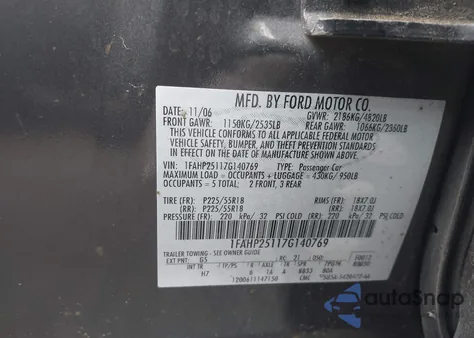 2007 Ford Five Hundred Limited из США, поврежденный, VIN 1FAHP25117G140769